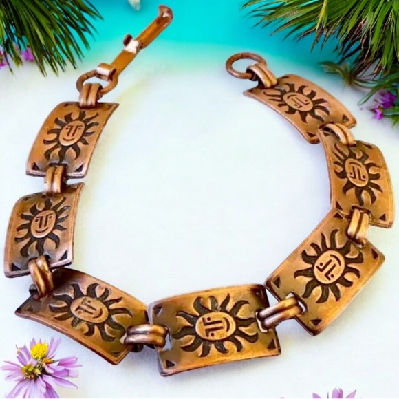 Copper Bracelet Vintage Sun Face Rectangular Links Southwestern Boho - Picture 3 of 11